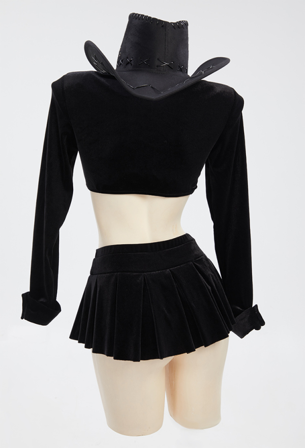 Gothic Cowgirl Style Suit Black Sexy Bra and Skirt with Crop Top and Hat