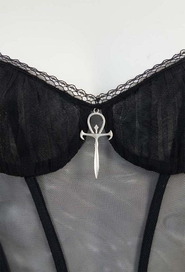 Gothic Vampire Style Dress Black Lace Semi-Transparent Long Dress with Choker