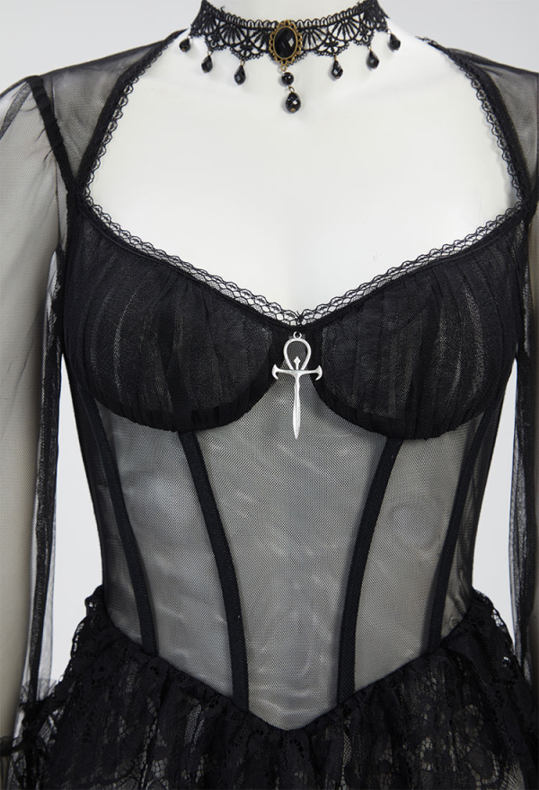 Gothic Vampire Style Dress Black Lace Semi-Transparent Long Dress with Choker
