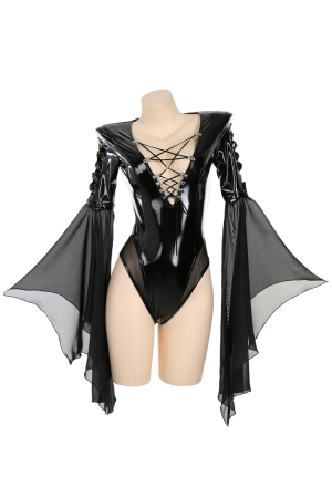 Black Pentagram Gothic Black PU Leather Sexy Lingerie with Sleeves and Pantyhose