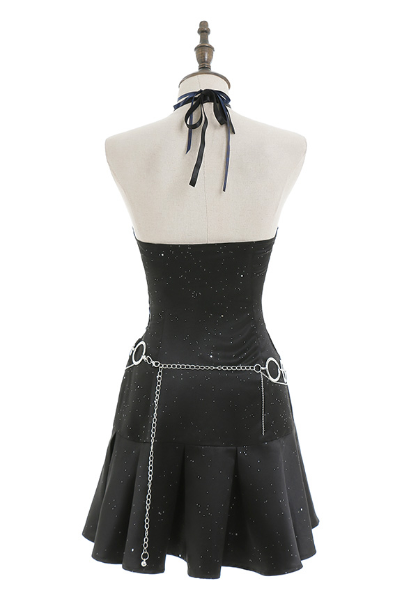 Women Gothic Black Halter Hollow Dress with Necklace Waist Chain