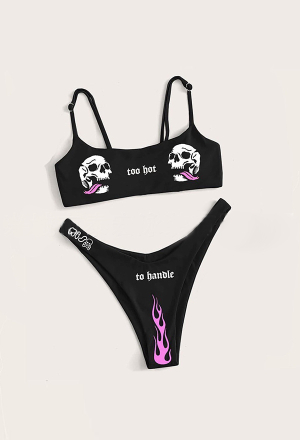 Summer Reign Gothic Black Devil Skeleton Print String High Cut Bikini Set