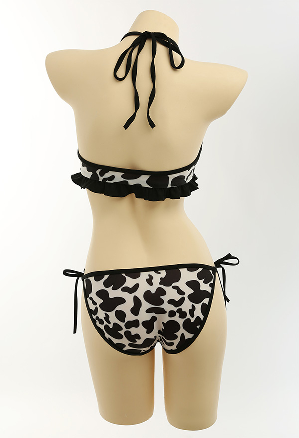 Sugerboo Soft Girl Black White Milk Cow Pattern Top and Lace-Up Shorts String Bikini Set