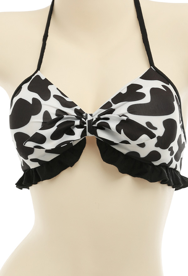 Sugerboo Soft Girl Black White Milk Cow Pattern Top and Lace-Up Shorts String Bikini Set