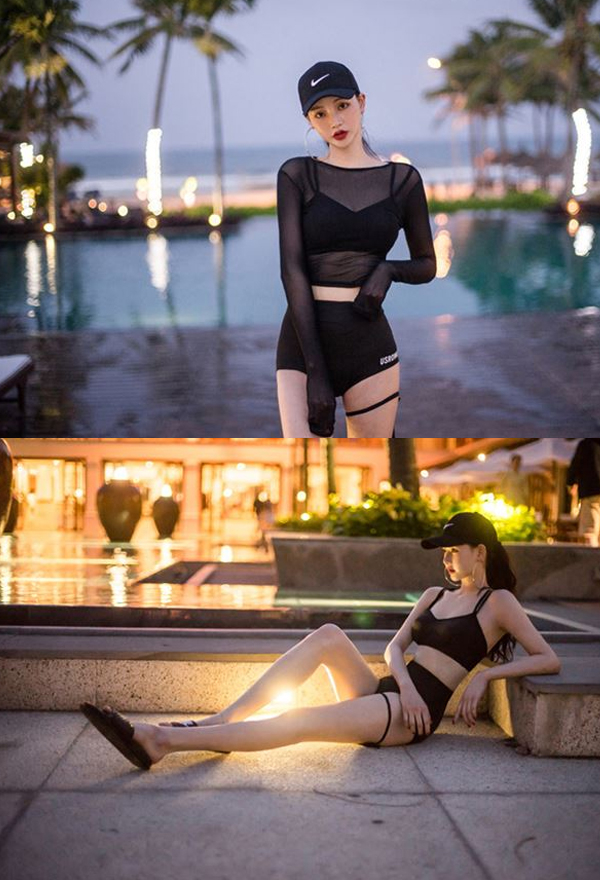 Women Egirl Style Black Strap Long Sleeve High Waist Swimsuit