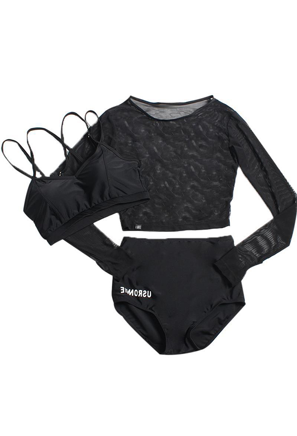 Women Egirl Style Black Strap Long Sleeve High Waist Swimsuit