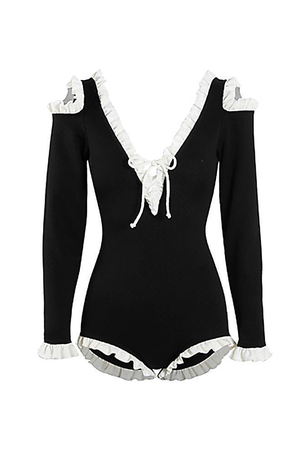Sunday Candy Soft Girl One Piece Swimsuit Black White Deep V Neck Long Sleeved Ruffled Swimsuit