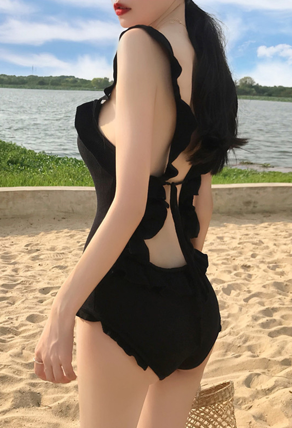 Dive In Gothic Black Square Neck Backless Ruffled One-Piece Bathing Suit