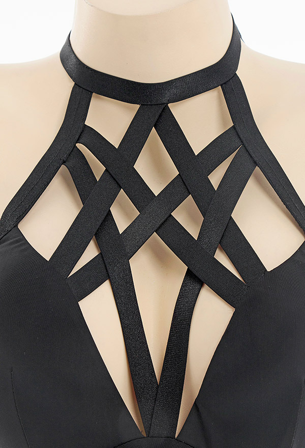 Heat Waves Witch Gothic Black Pentagram Neck Halter One-Piece Swimsuit