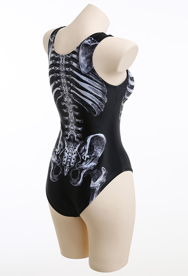 Devil Reign Woman Print Gothic Swimsuit White and Black Skeleton Pattern One-Piece Swimsuit