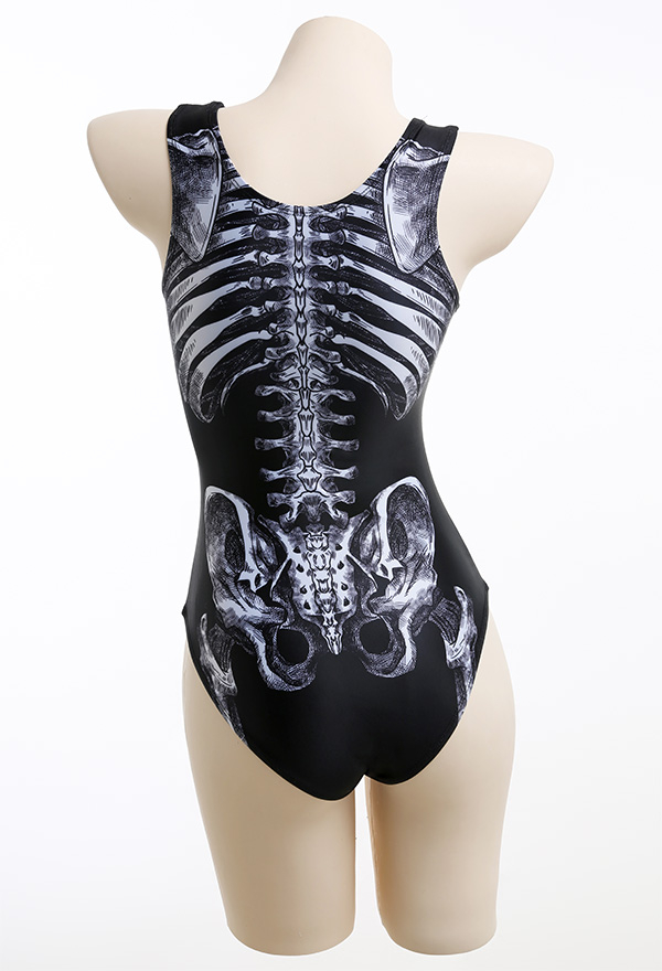 Devil Reign Woman Print Gothic Swimsuit White and Black Skeleton Pattern One-Piece Swimsuit