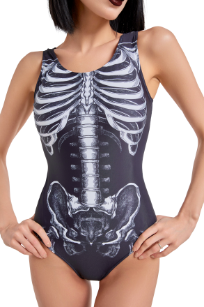 Woman Gothic Fashion Summer Attraction Skeleton Pattern Swimsuit Dark Style White and Black One-Piece Beach Swimsuit