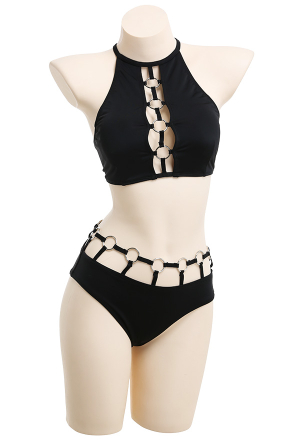 Woman Fashion Summer Two-Piece Swimsuit Gothic Style Black Ring Decorated Beach Swimsuit