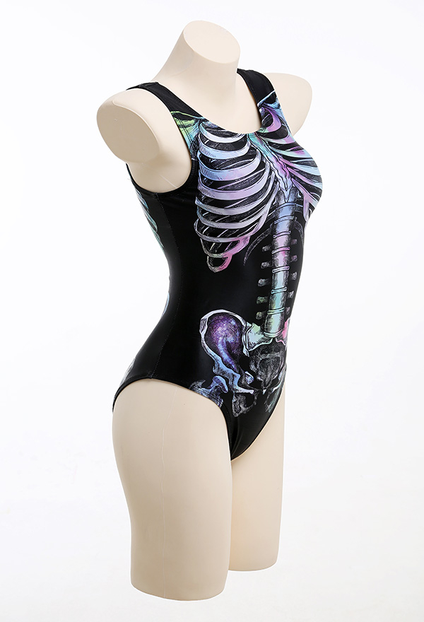 Devil Reign Gothic Print Swimsuit Black Colorful Skeleton Pattern Women One-Piece Swimsuit