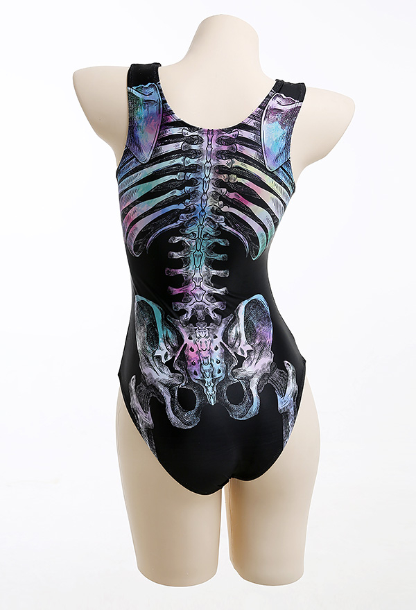 Devil Reign Gothic Print Swimsuit Black Colorful Skeleton Pattern Women One-Piece Swimsuit