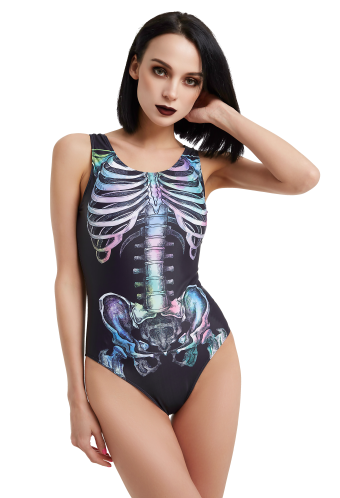Gothic Girls Summer Fashion Stylish One-Piece Swimsuit Dark Style Colorful and Black Skeleton Pattern Printed Beach Swimsuit
