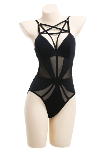 Gothic Stunning Swimsuit Series Woman Front Crossover One-Piece Swimsuit Black Net Yarn Spliced Swimsuit