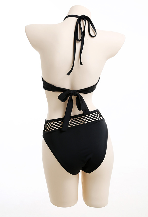 Dive in Gothic Black Fishnet Patchwork Halter Top and Shorts Bikini Set