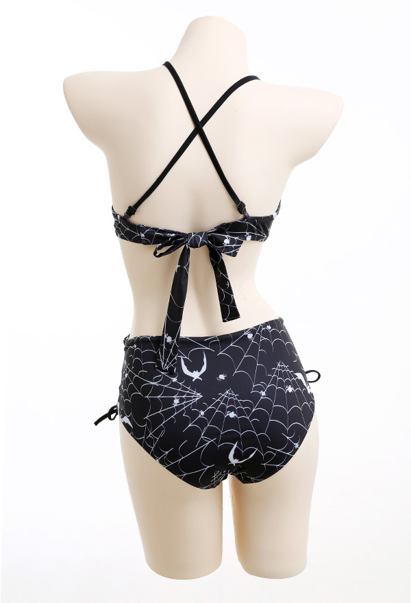 Moonlight Gothic Black Spiderweb Bat Print Top Lace Up Bottom Two-Piece Swimsuit