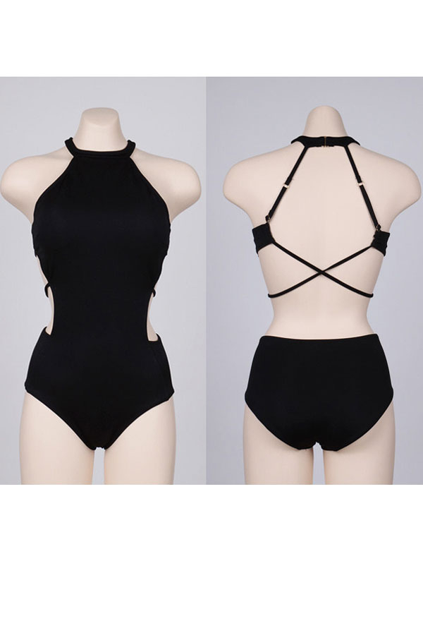 Dive In Gothic Black Halter Neck Cutout Backless One-Piece Bathing Suit