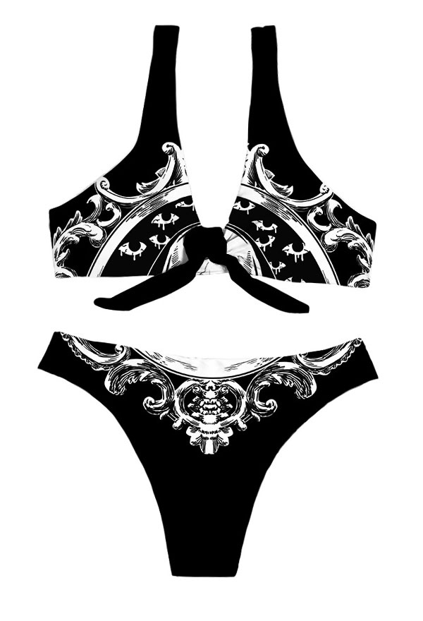 Summer Reign Gothic Black Tie Knot Front Evil Floral Print Bikini Set