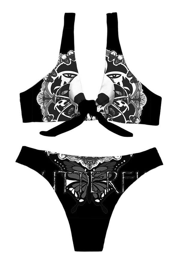 Summer Reign Gothic Black Tie Knot Front Evil Floral Print Bikini Set