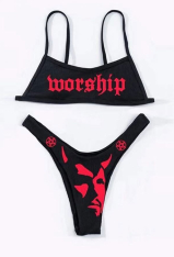Devil Reign Gothic Black Worship Print Sling Top High Cut Thong Bikini Set