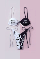 Summer Fling Gothic White and Black Tie Knot Devil Print String Bikini Set