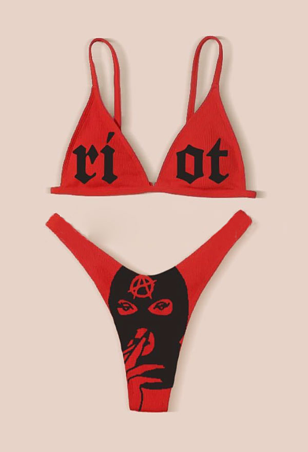 Summer Reign Vampire Gothic Red Triangle Wire Free Top High Cut Print Thong Bikini Set
