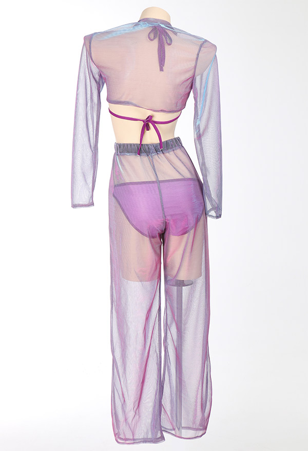 Star Signal Women Pastel Alien Pattern Halter String Bikini Set with Gauze Top and Trousers