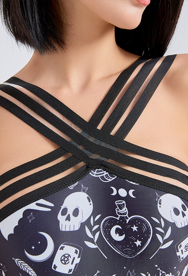 Devil Reign Women Gothic Black Cross Strap Skull Print One-piece Swimsuit