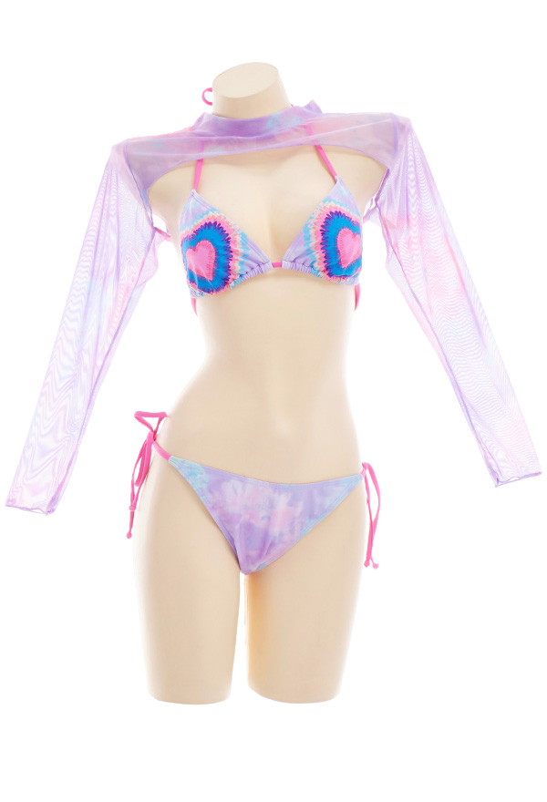 Enchanted Women Pastel Goth Tie-Dye Triangle Top and Lace-Up Bottom Bikini Set with Cover Up