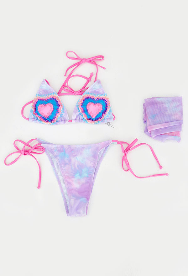 Enchanted Women Pastel Goth Tie-Dye Triangle Top and Lace-Up Bottom Bikini Set with Cover Up