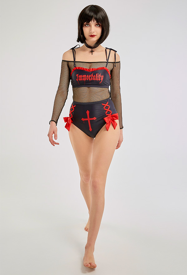 Immortality Gothic Black and Red Ruffled Immortality Print Two-piece Swimsuit with Mesh Top