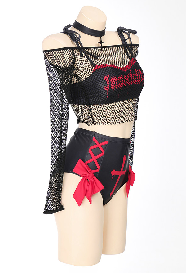 Immortality Gothic Black and Red Ruffled Immortality Print Two-piece Swimsuit with Mesh Top