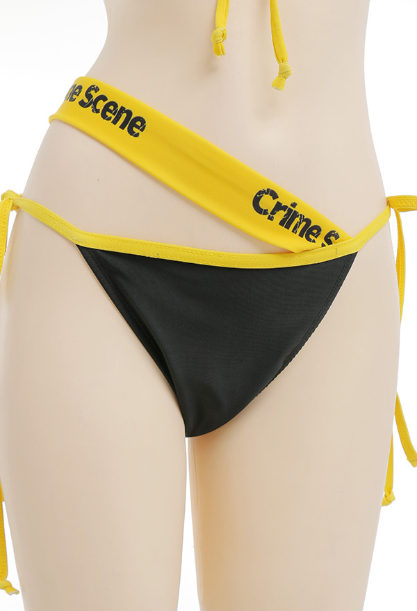 Crime Scene Gothic Warning Tape Print Lace-Up Halter Top and Shorts Two-Piece Swimsuit
