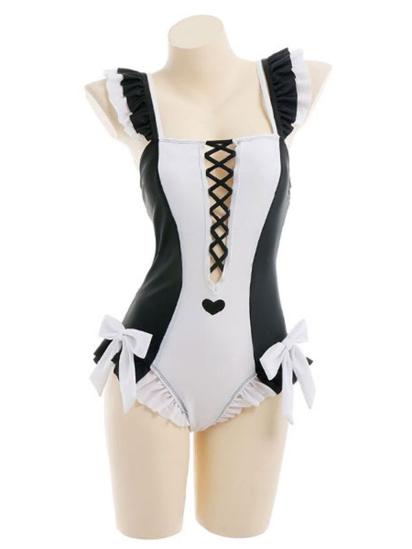 Sexy Black White Maid Style Ruffled Tummy Control One-Piece Swimsuit