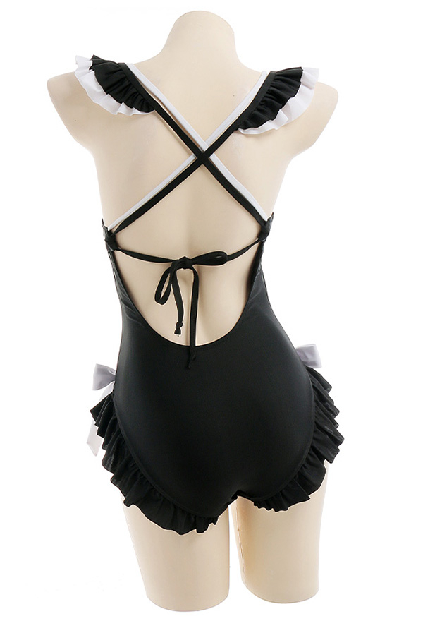 Sexy Black White Maid Style Ruffled Tummy Control One-Piece Swimsuit