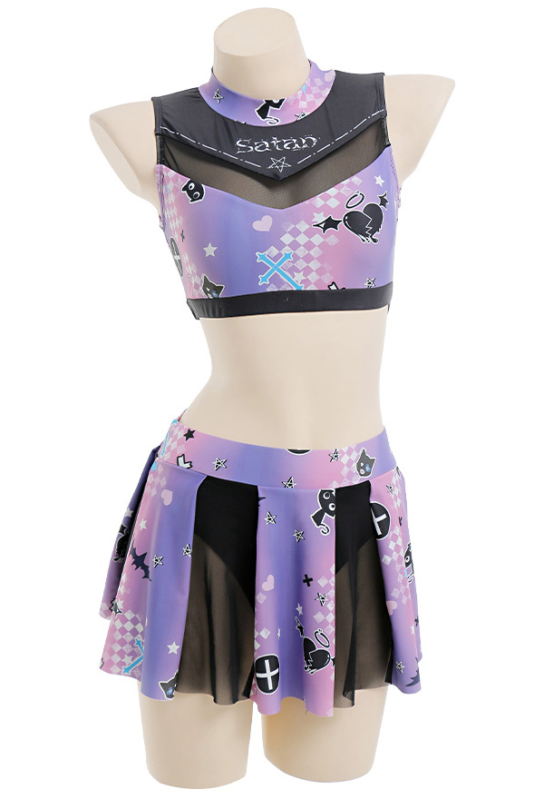 Teamwork Gothic Pastel Cheerleader Style Satan Print Two-Piece Swimsuit