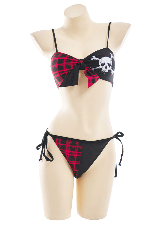 Bloody Moon Punk Gothic Swimsuit Color Contrast Skull Print Lace-up Bikini Set