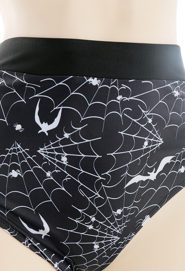 Moonlight Women Gothic Black Bat Spiderweb Print Lace-up Two Piece Swimsuit