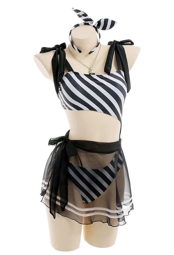 Dive In Gothic Black and White Stripe Cutout One-Piece Bathing Suit with Sarong Skirt