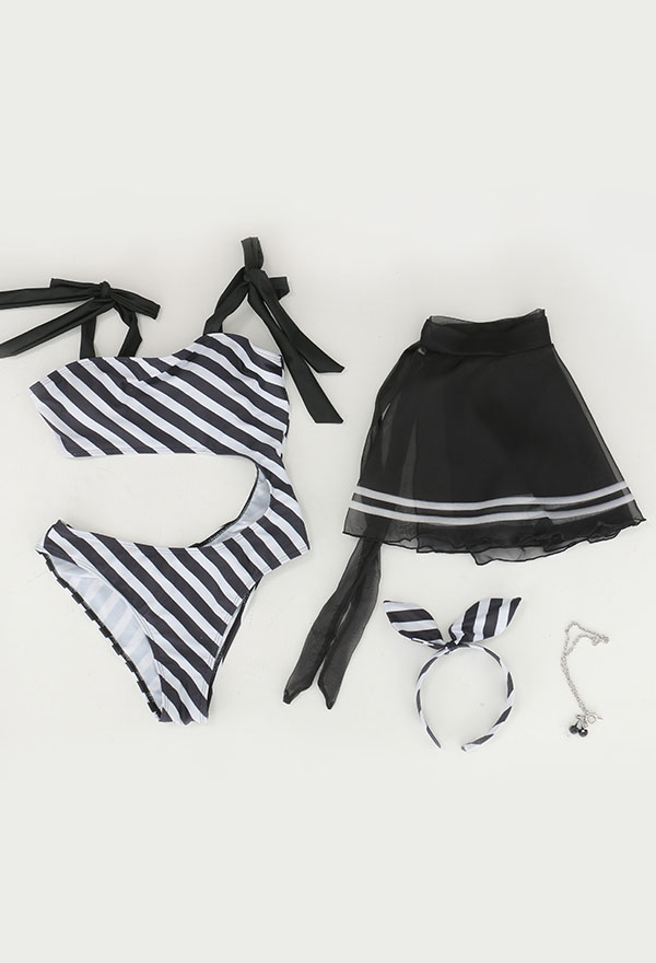 Dive In Gothic Black and White Stripe Cutout One-Piece Bathing Suit with Sarong Skirt