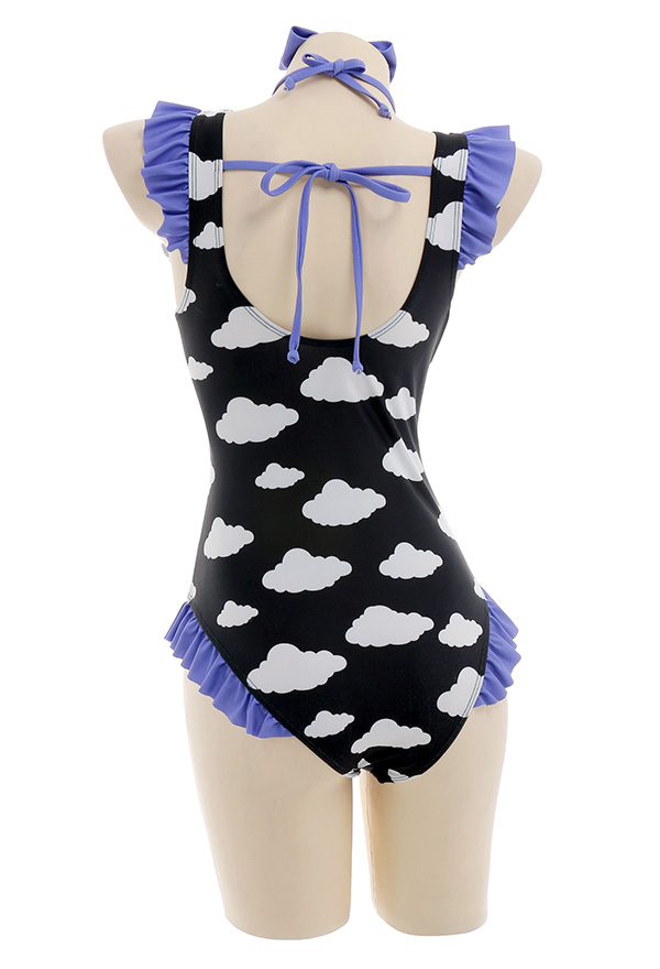 Pastel Haze Gothic Purple Cloud Print Ruffled Cutout One-Piece Swimsuit