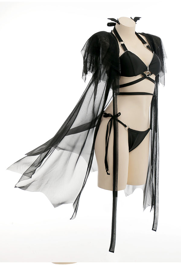 Devil Reign Gothic Black Bat Cross Strap Halter Bikini Set with Cover-up
