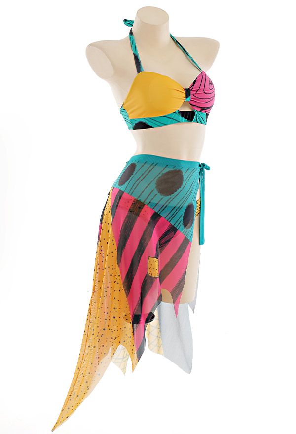Nightmare Women Colorful Print Halter String Top and Bottom with Wrap Skirt