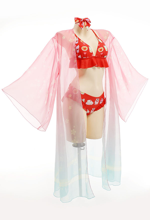 Women Cute Red Sweets Print Ruffles Bikini with Sheer Coverup