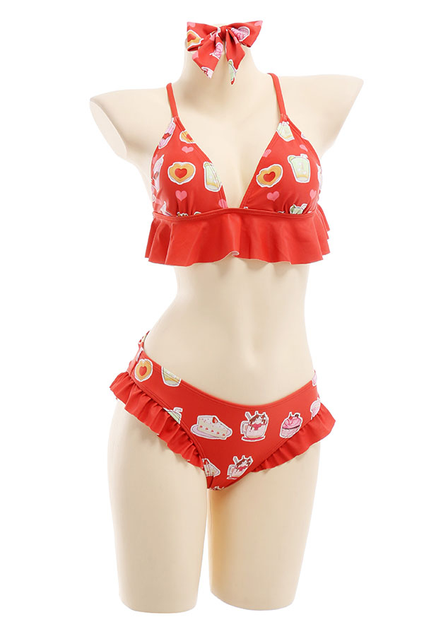 Women Cute Red Sweets Print Ruffles Bikini with Sheer Coverup
