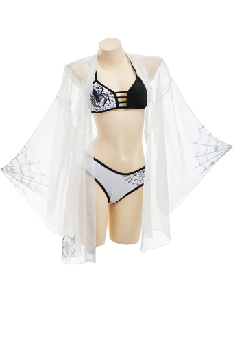 Ice Whisky Gothic Devil Spider Print String Top and Bottom Bikini Set with Coverup