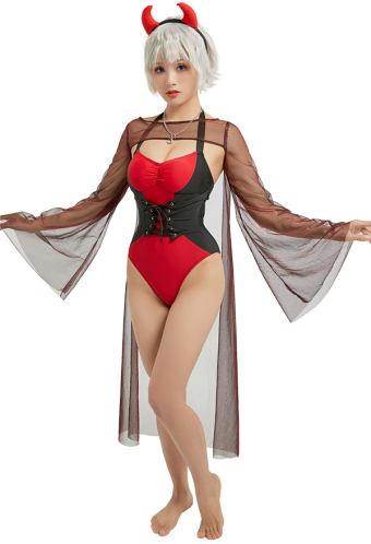 Devil Reign Gothic Vampire Monokini Lace-up Halter Swimsuit with Cover-Up